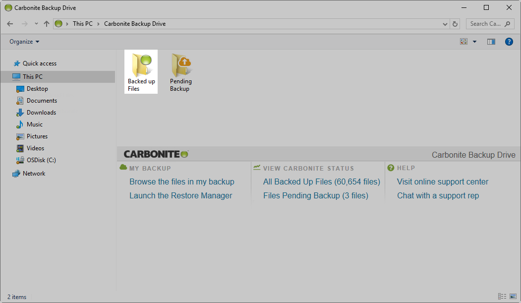 Carbonite Backup Drive: Double-click Backed up Files