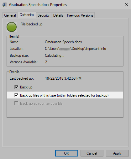 Carbonite tab within the Properties Dialog Box