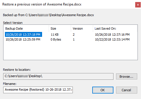 Restore Previous Version Dialog Box