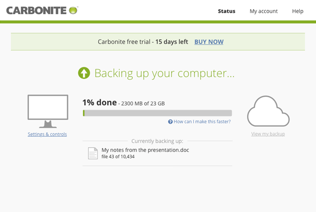 Carbonite application: View Status of Backup and MI settings