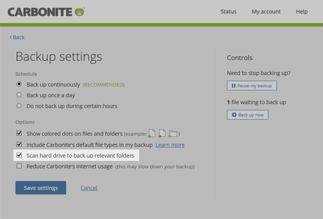 Carbonite application: Unchecking scanning hard drive