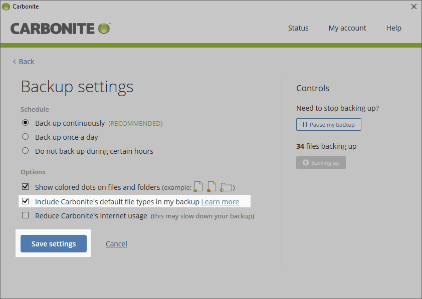Carbonite application: Default Selections