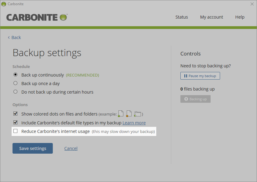 From the backup settings page of the Carbonite interface, check reduce Carbonite's internet usage to reduce the internet used by Carbonite.