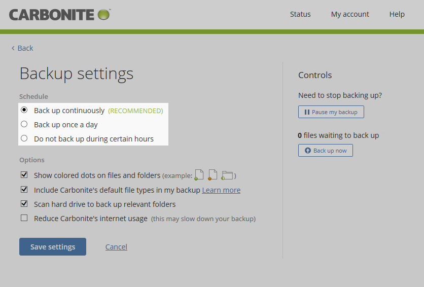 Carbonite Windows Client: Backup settings