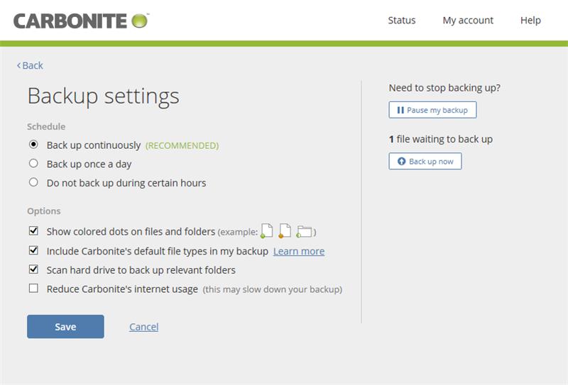 Carbonite Windows client: Backup Settings