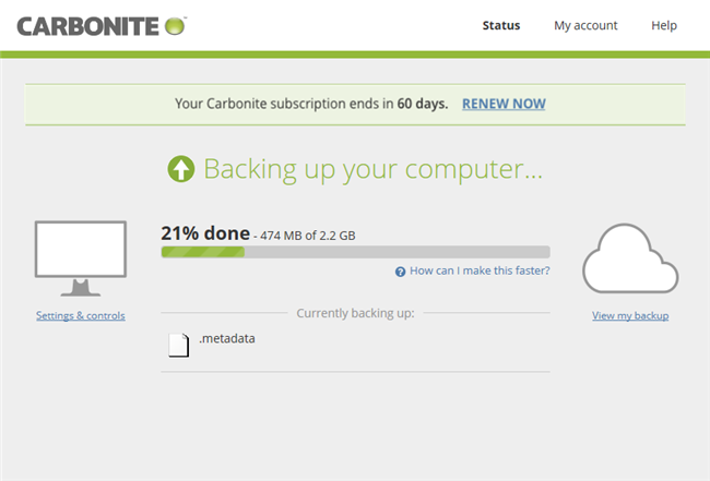 Carbonite application: View Status of Backup