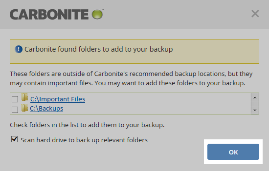 Carbonite Windows Client: Check folders in the list to add them to your backup.