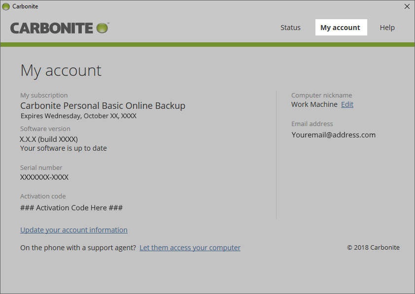 Carbonite Windows Client: Click My account