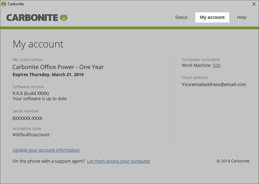 Carbonite Windows Client: My account
