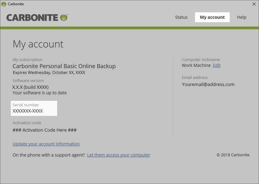 Carbonite application: Serial Number