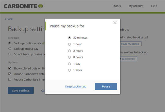 Select the time duration for Carbonite to be paused.