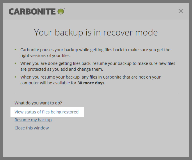 Carbonite application: View Restore Status