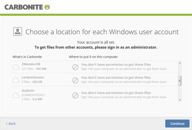 Carbonite Windows Client: To get files from other accounts, please sign in as an administrator.