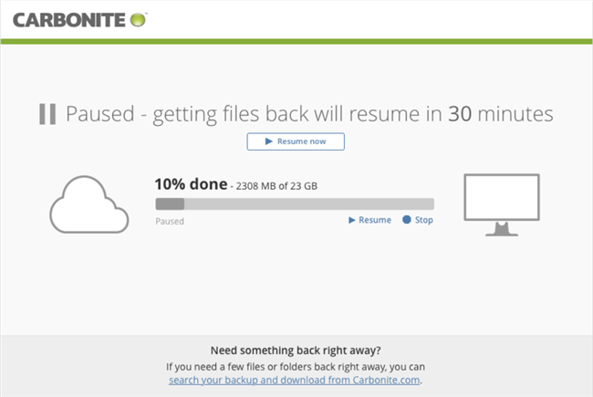 Carbonite Windows Client: Paused - getting files back will resume in # minutes