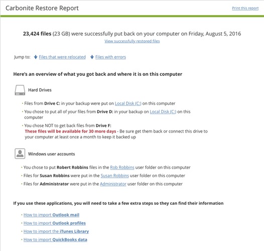Windows Carbonite Client: Restore Report