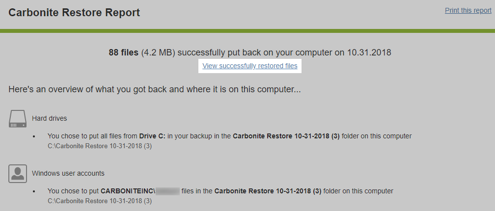 Carbonite Windows Client: View successfully restored files
