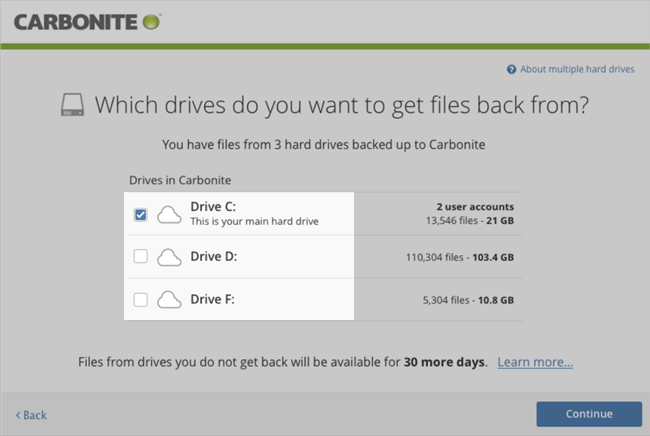 Carbonite Windows Client: Which drives do you want to get files back from?
