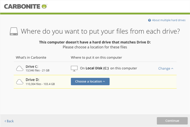 Carbonite Windows Client: Where do you want to put you files from each drive?