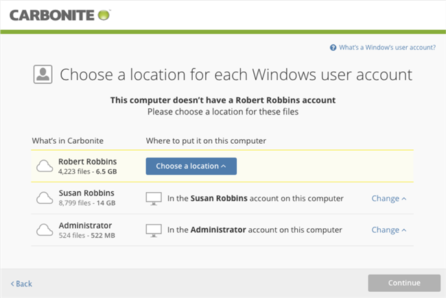 Carbonite Windows Client: Choose a location for each Windows user account.