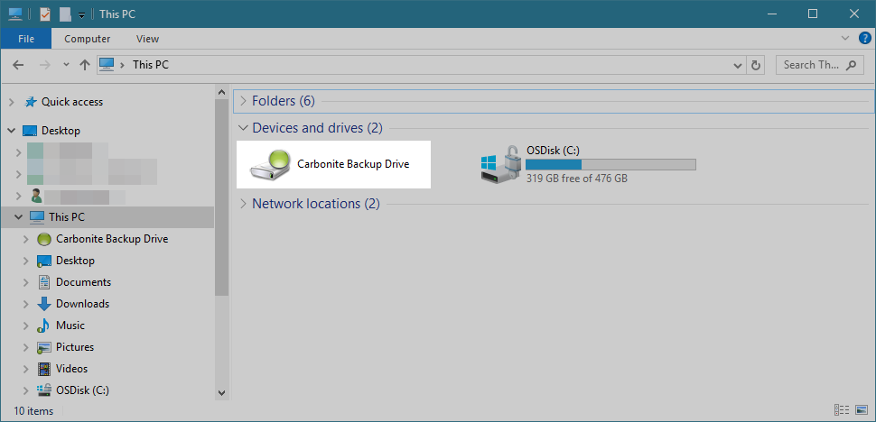 File Explorer: Open Carbonite Backup Drive