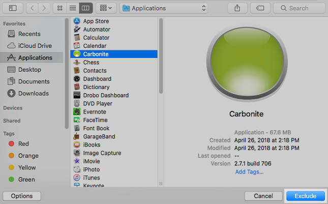 Carbonite is now added to the excluded list