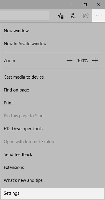 Microsoft Edge: Click the hub icon and select Settings.