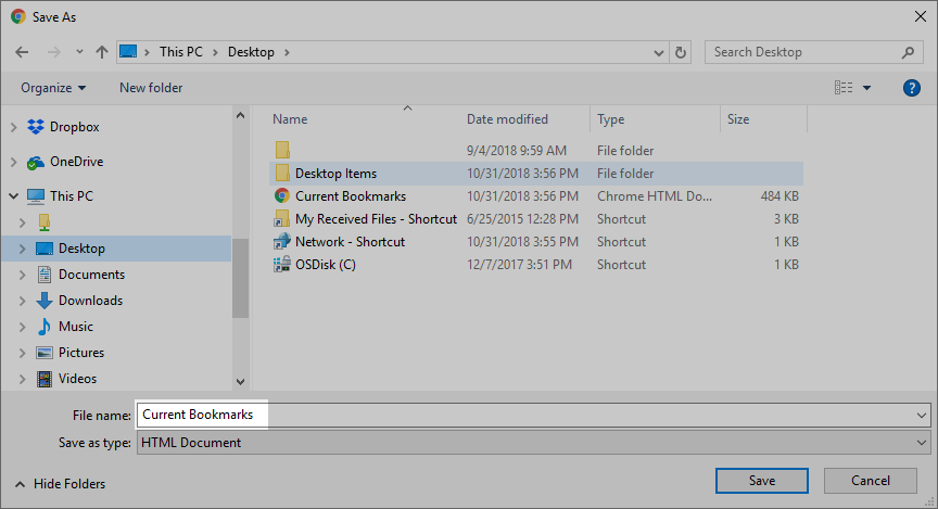 Google Chrome Bookmark Manager: Save As window