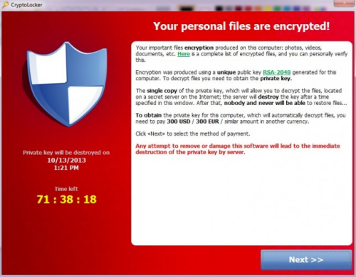 CryptoLocker Window: Your personal files are encrypted!