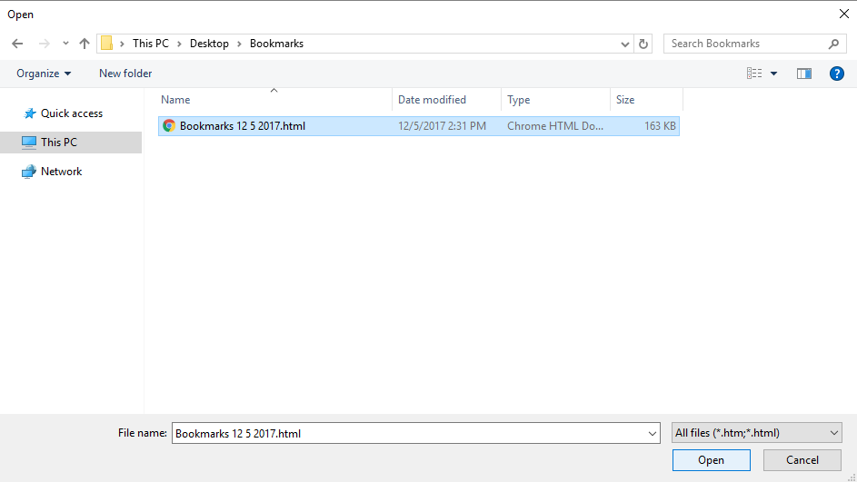 Microsoft Edge: Select bookmark file and click Open