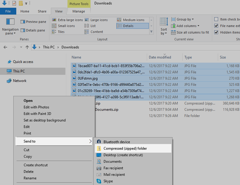 Windows Explorer: Right-click; Send to; Compressed (zipped) folder