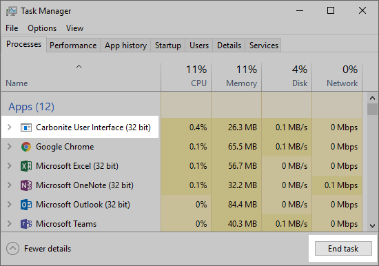 Windows Task Manager: CarboniteUI.exe End Process