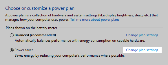 Power Options Properties: Change Plan