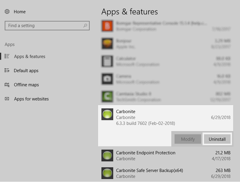Windows 10 Apps & Features: Click Uninstall