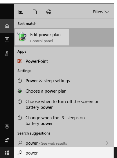 Power Options in Start Menu Search Results