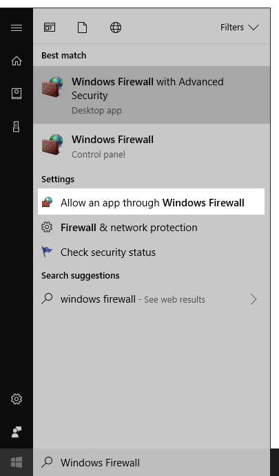 Open Windows Firewall from the Search charm