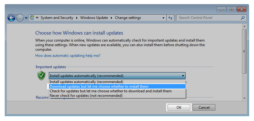 Windows 7 Windows Settings: Download updated but let me choose whether to install them