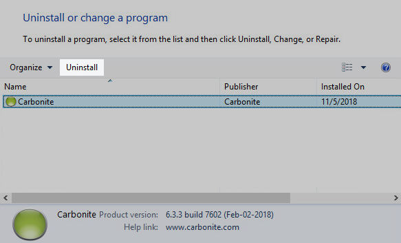 Windows Programs and Features: Select Carbonite and click Uninstall