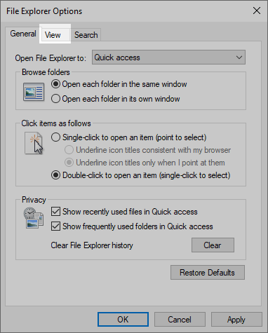 View Tab in Folder Options Window