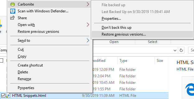 Restore Previous Versions by right-clicking in File Explorer