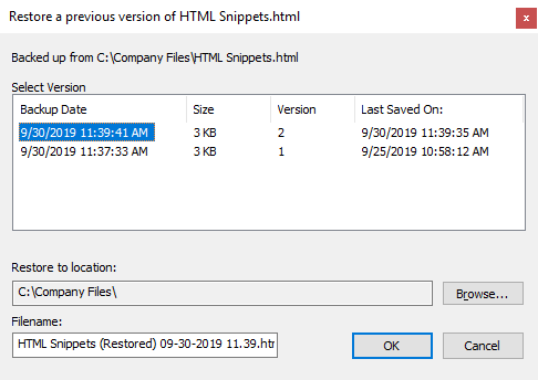Restore Previous Version Dialog Box