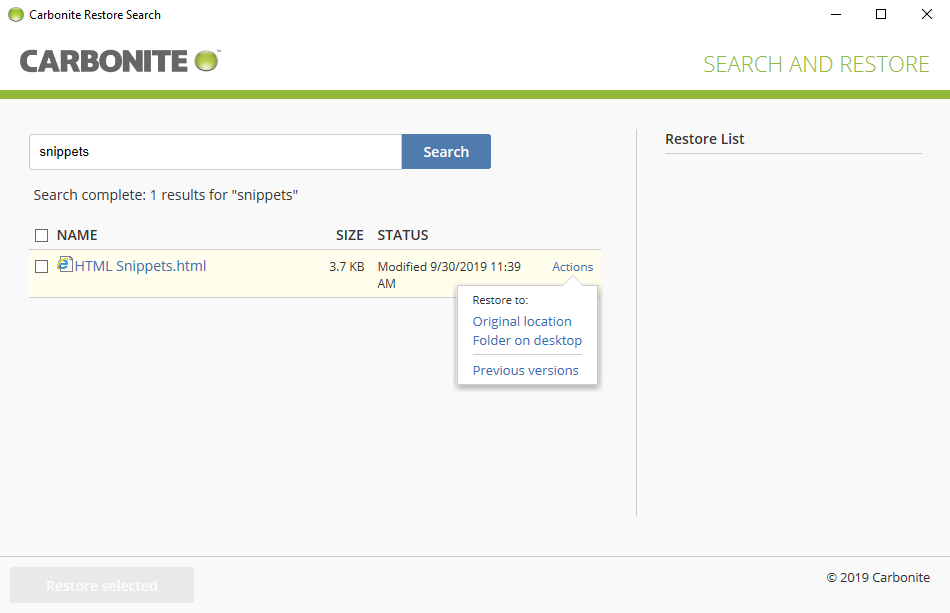 Search and Restore search results