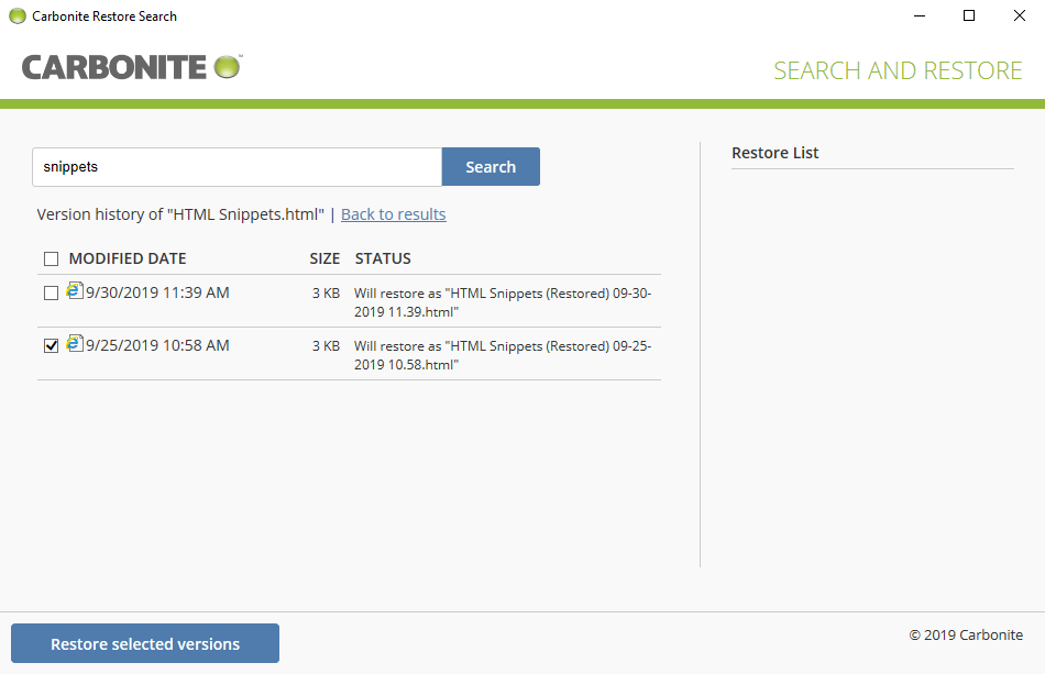 Restore Previous Versions with Search and Restore