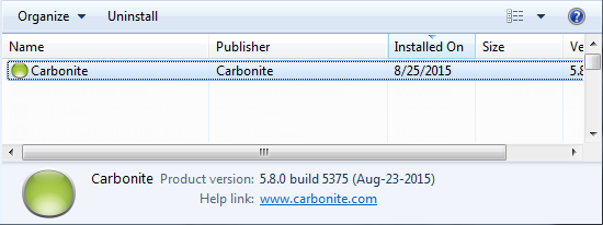 Windows Programs and Features: Select Carbonite and click Uninstall