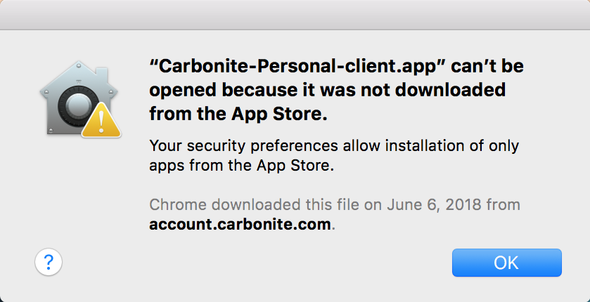 macOS: Carbonite can't be opened because it was not downloaded from the App Store. Your security prefernces allows installation of only apps from the App Store.
