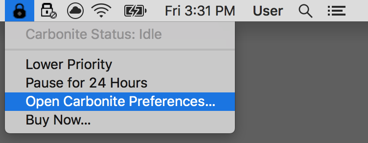 Carbonite Mac 1.x Client Icon: Open Carbonite Prferences...