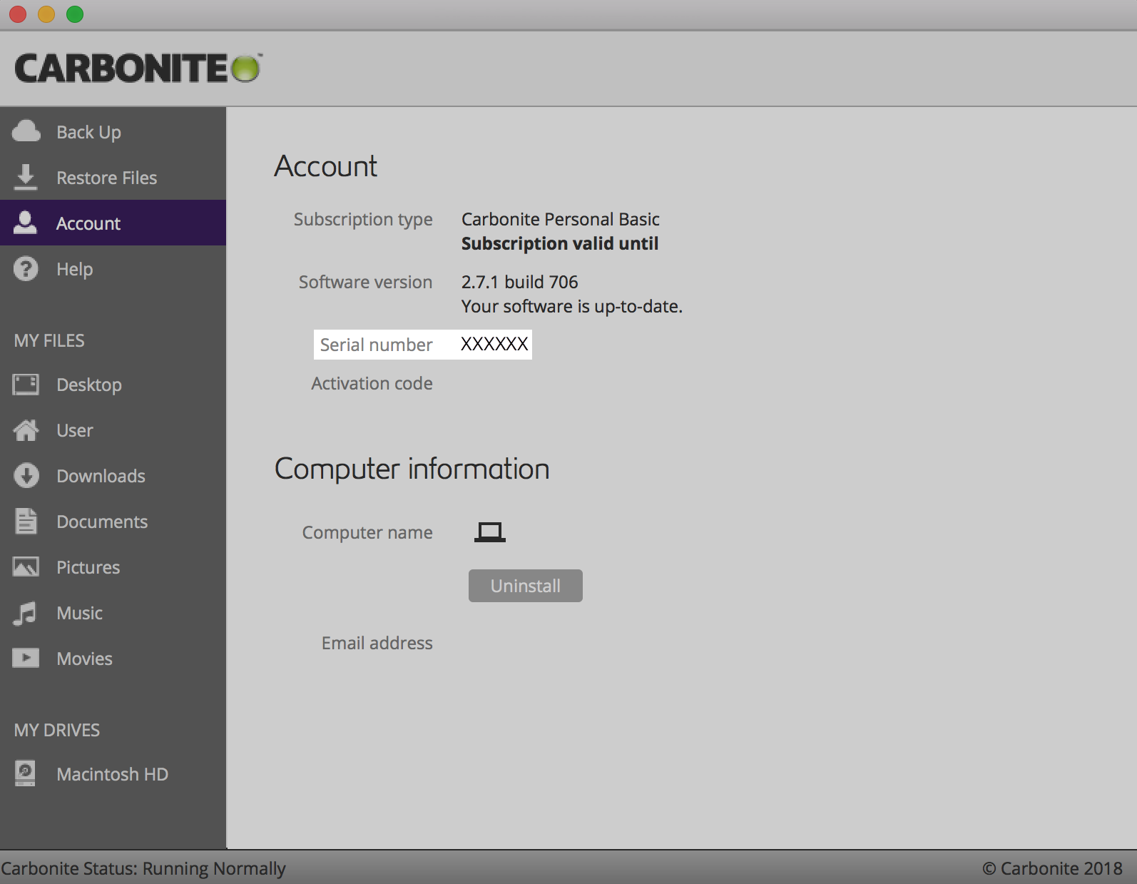 Carbonite Account Screen
