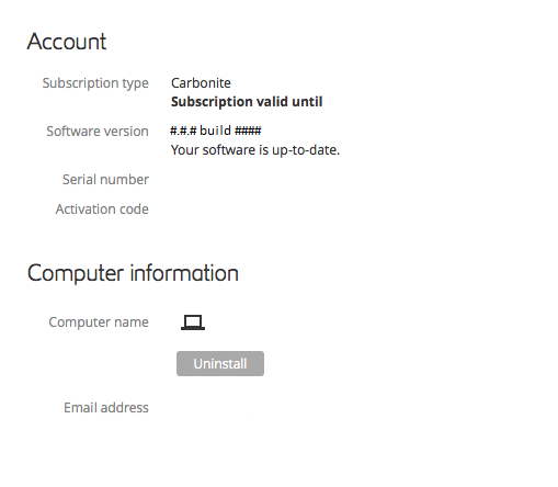 Carbonite User Interface Account tab
