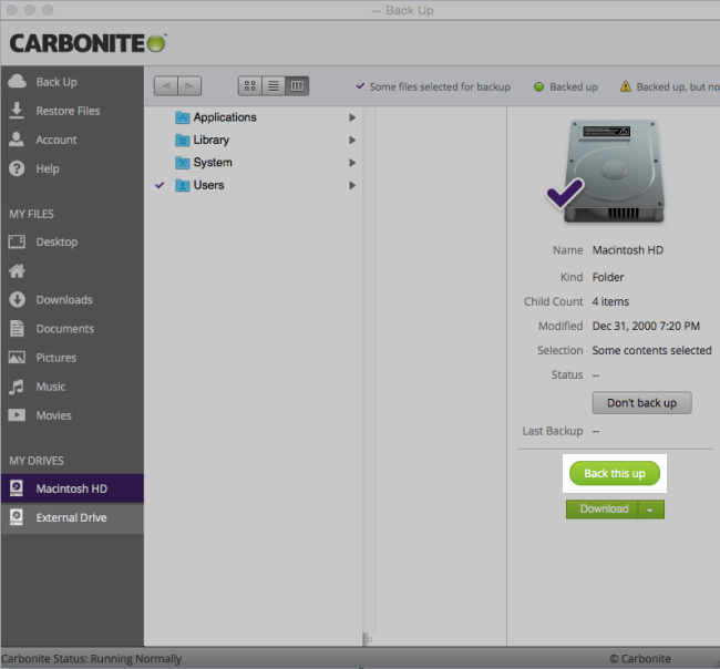 Carbonite 2.x Client for Mac: Select the external hard drive and click Back this up