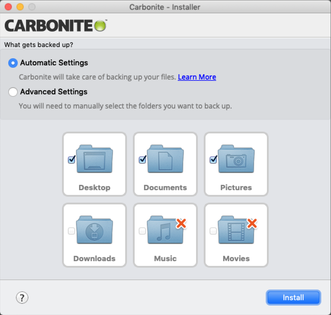 Carbonite Mac 2.x Client: Automatic Settings