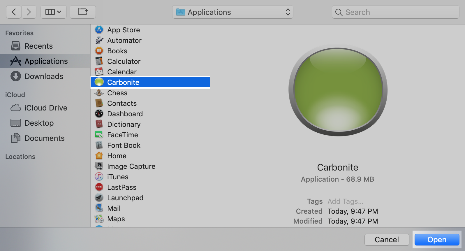 macOS Full Disk Access: Click +, select Carbonite, and click Open